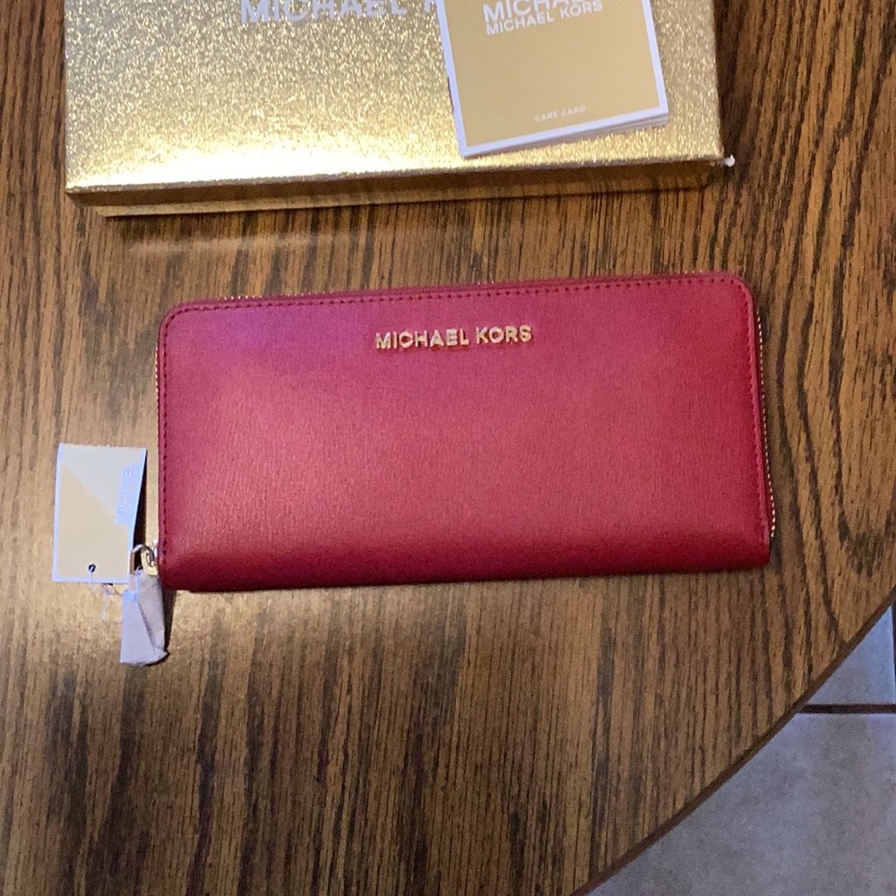 NWT & Box, Michael Kors Red Leather Continental Wallet